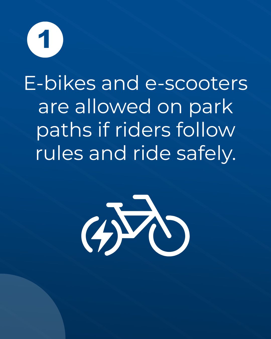 Slide 1 of 6: E-Bikes and e-scooters are allowed on park paths if riders follow rules and ride safely. Electric Bike Graphic